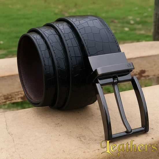 Double Sided Black Crocodile Style Men's Leather Belt