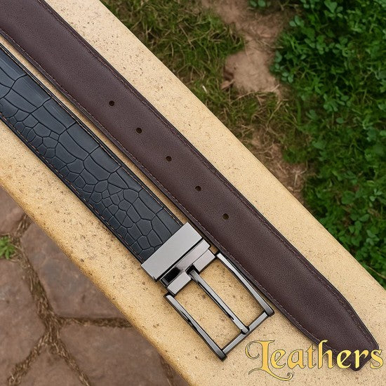 Double Sided Black Crocodile Style Men's Leather Belt